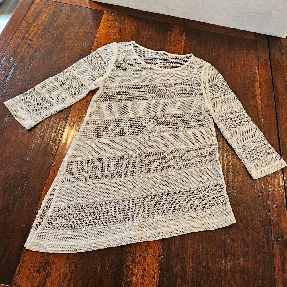 White S/M crochet knit net beach pool bathing suit coverup sparkle Asymmetric